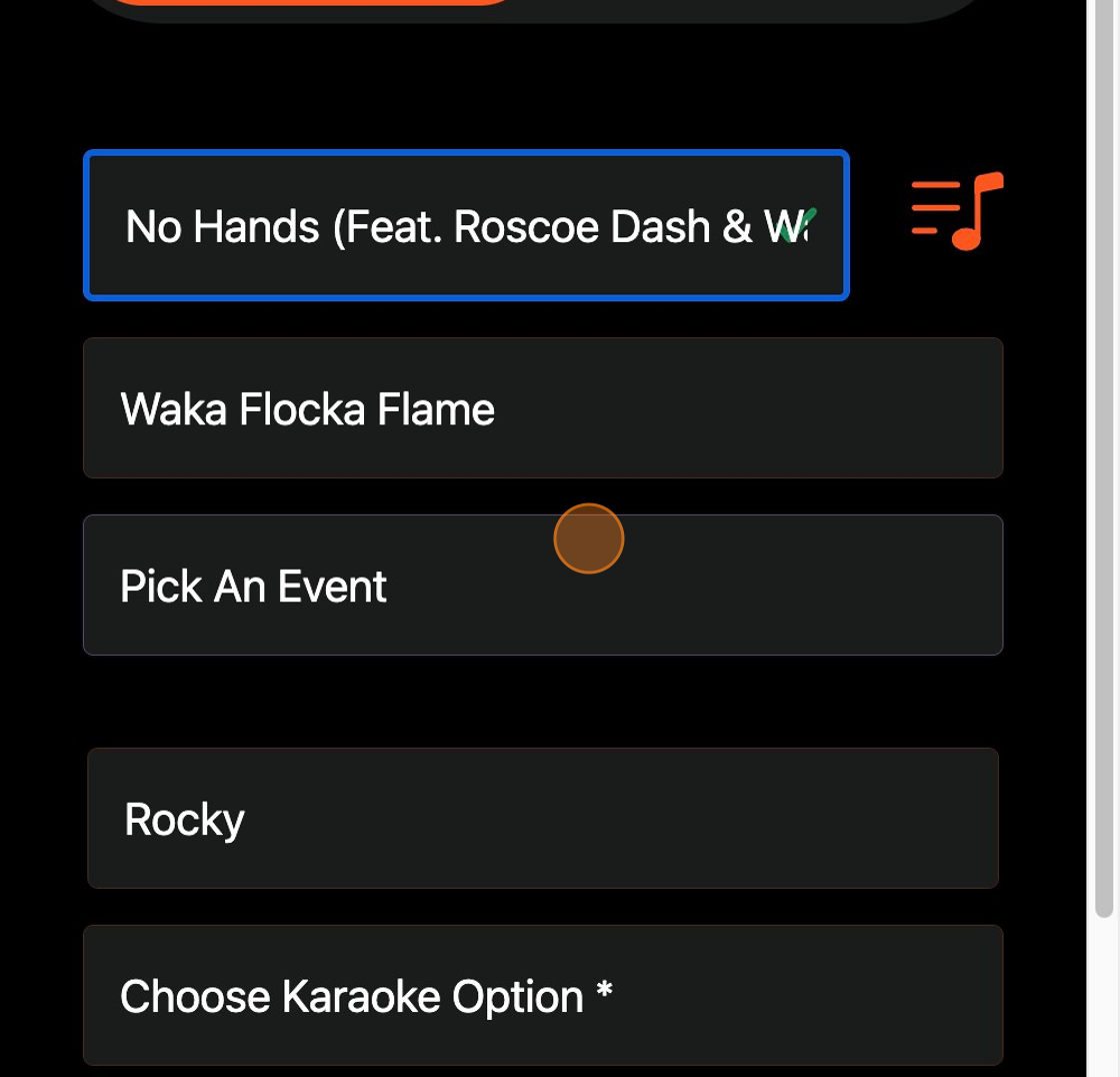 Screenshot of: If your DJ has upcoming events, they will be listed in the "Pick An Event" dropdown