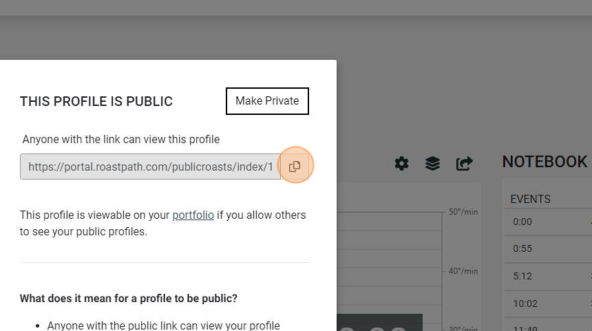 Screenshot of: Click the Copy Icon to copy the public link for the profile