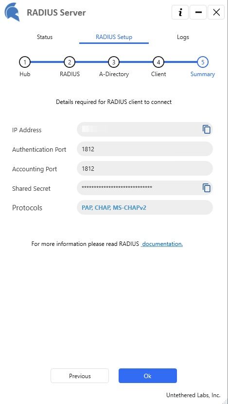 Screenshot of: Verify the details required for RADIUS client to connect. Click "OK".