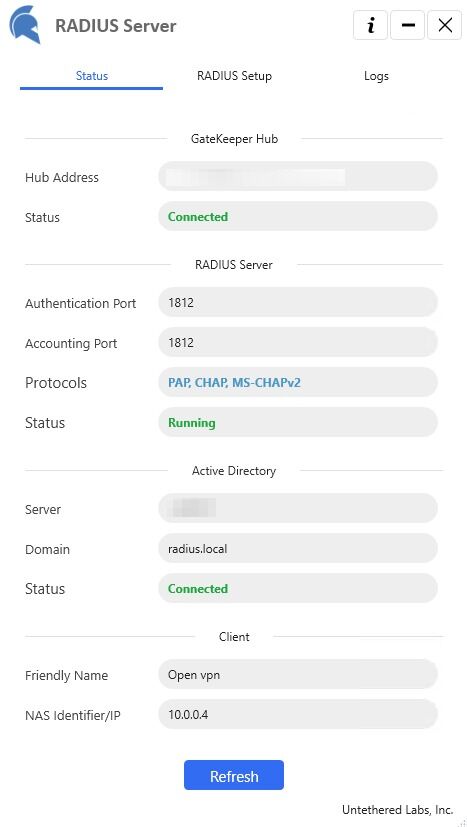 Screenshot of: Click "Status" on the top and verify your Hub, RADIUS Server, AD status are all "Connected". 