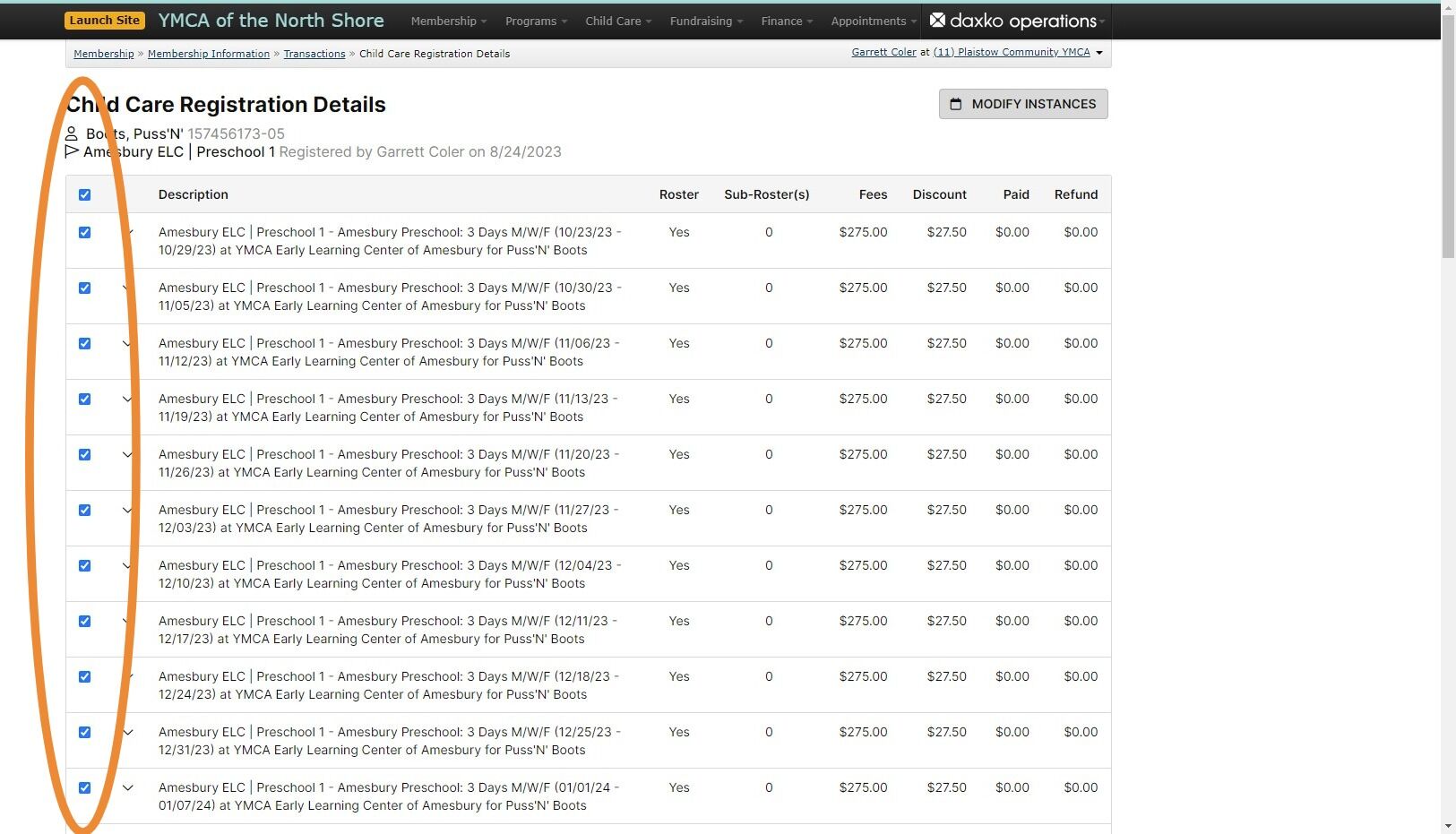 Screenshot of: Select the instances you wish to modify and click on 