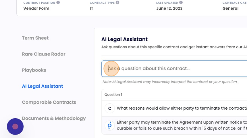 Screenshot of: Simply click the "Ask a question about this contract..." field, and type your question.