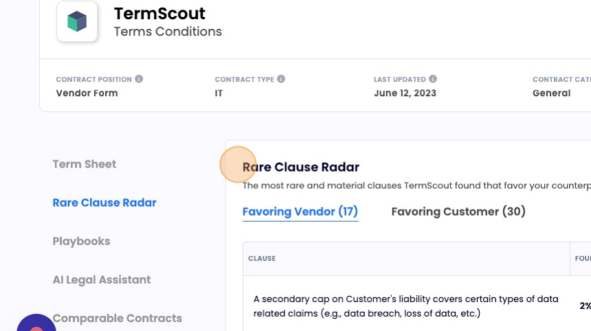 Screenshot of: Rare Clause Radar displays the most rare and material clauses TermScout found that favor of either party.