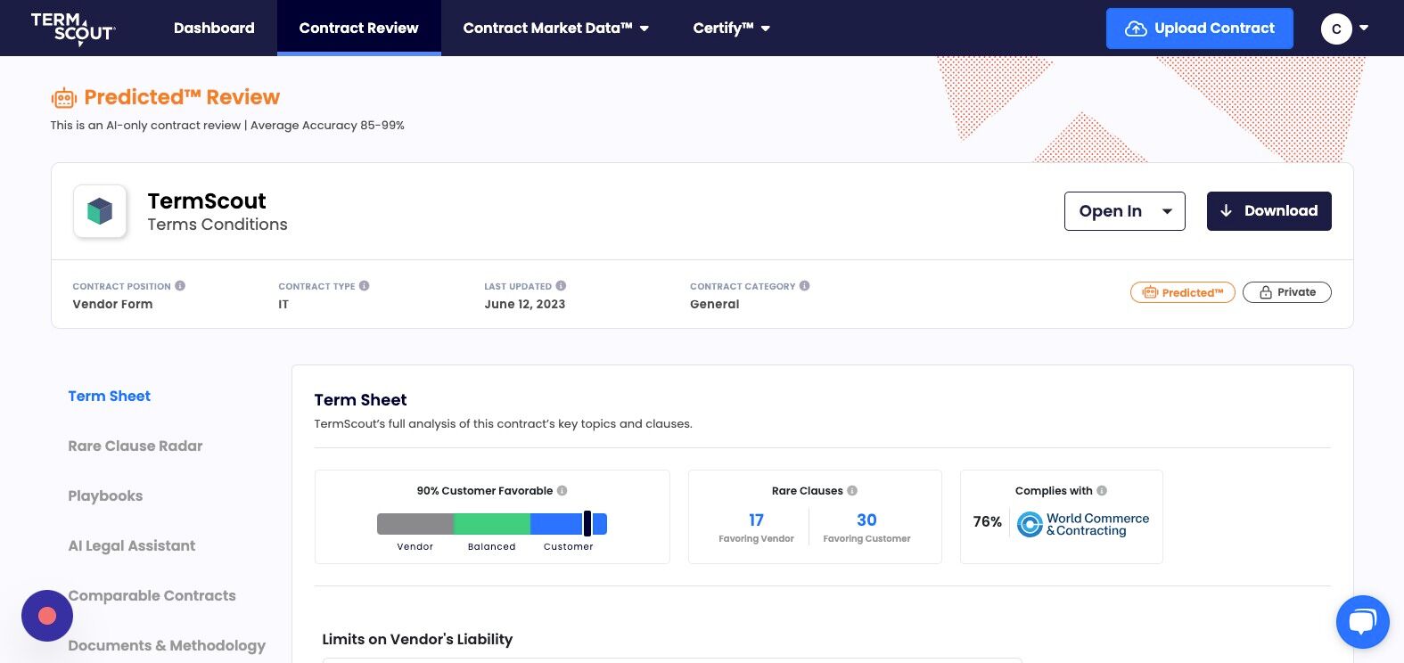 Screenshot of: Select "Term Sheet" to return to the baseline view for your contract review.
