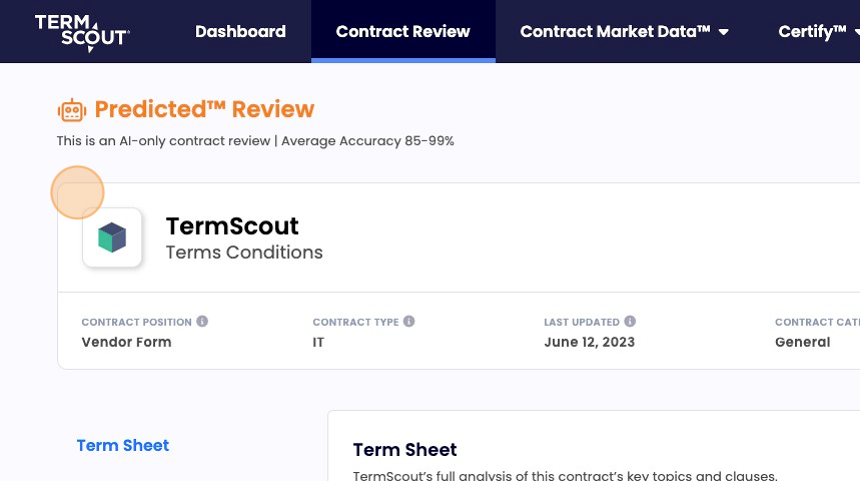 Screenshot of: Select "Term Sheet" to return to the baseline view for your contract review.