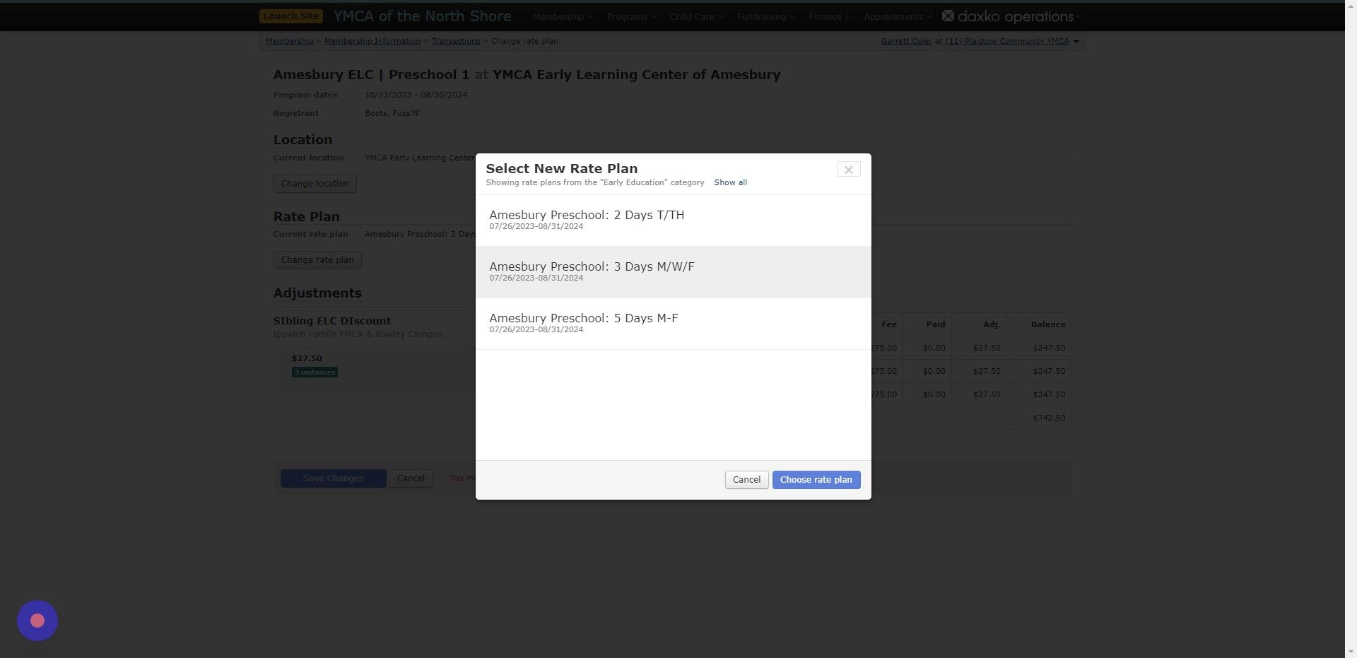 Screenshot of: Choose the new plan
