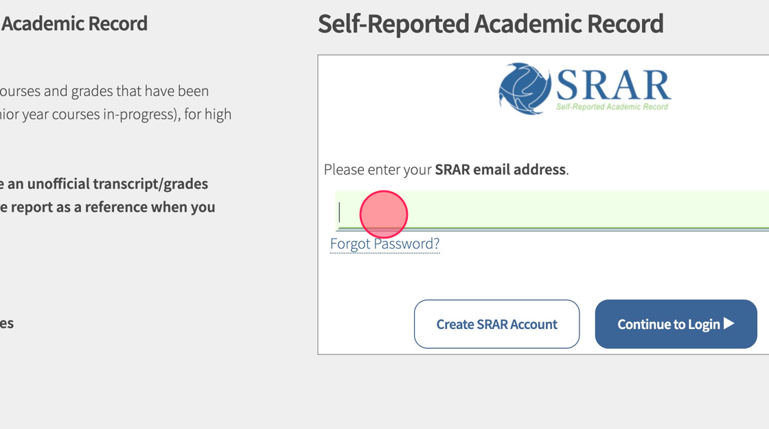 Screenshot of: Log in to your SRAR account: <https://srar.selfreportedtranscript.com/generic.aspx>