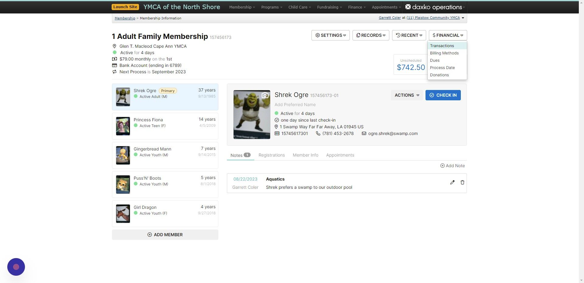 Screenshot of: Navigate to the Membership Information Page> Financial> Transactions