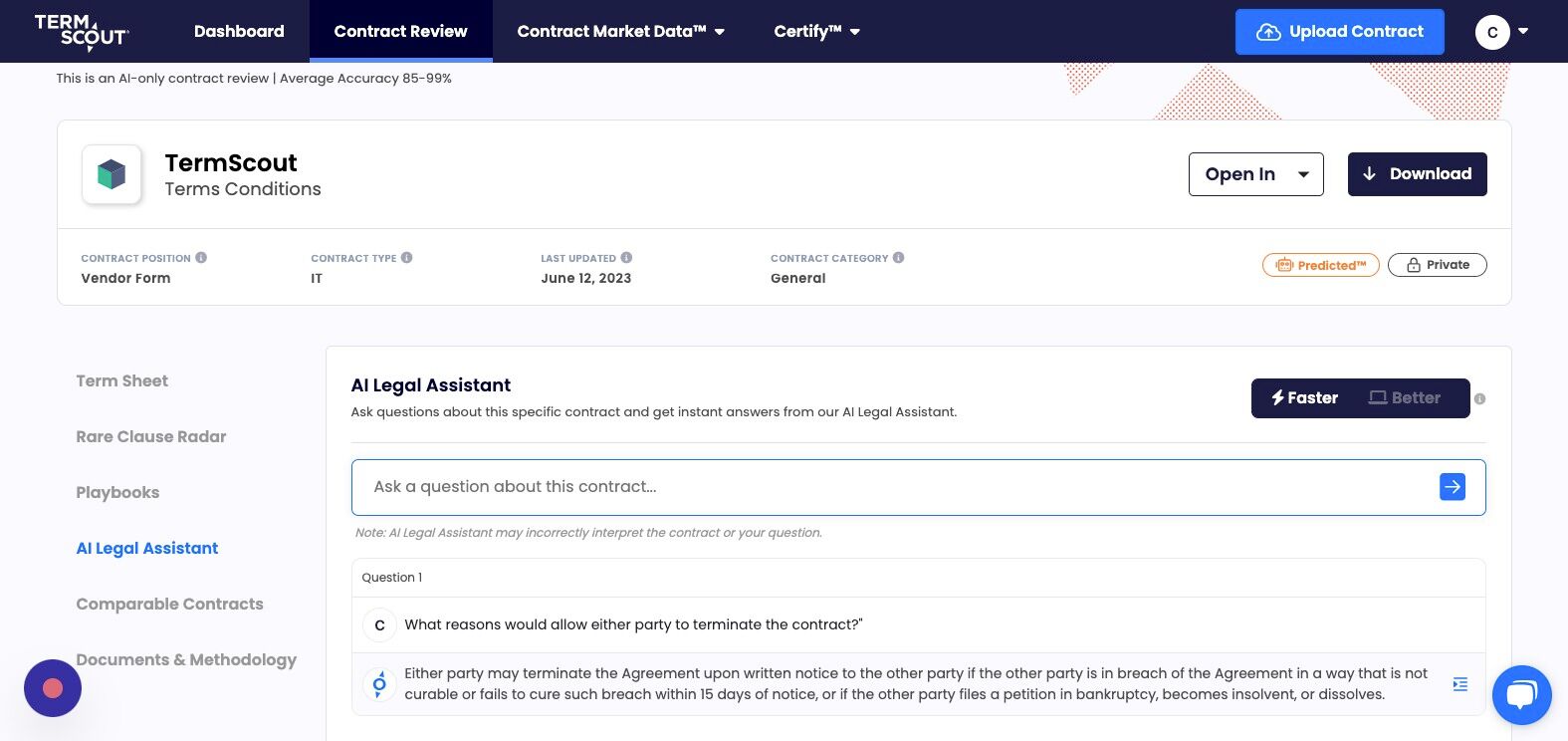 Screenshot of: With AI Legal Assistant you can ask questions about this specific contract and get instant answers from our AI Legal Assistant.