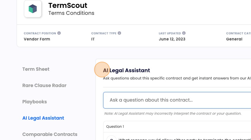 Screenshot of: With AI Legal Assistant you can ask questions about this specific contract and get instant answers from our AI Legal Assistant.