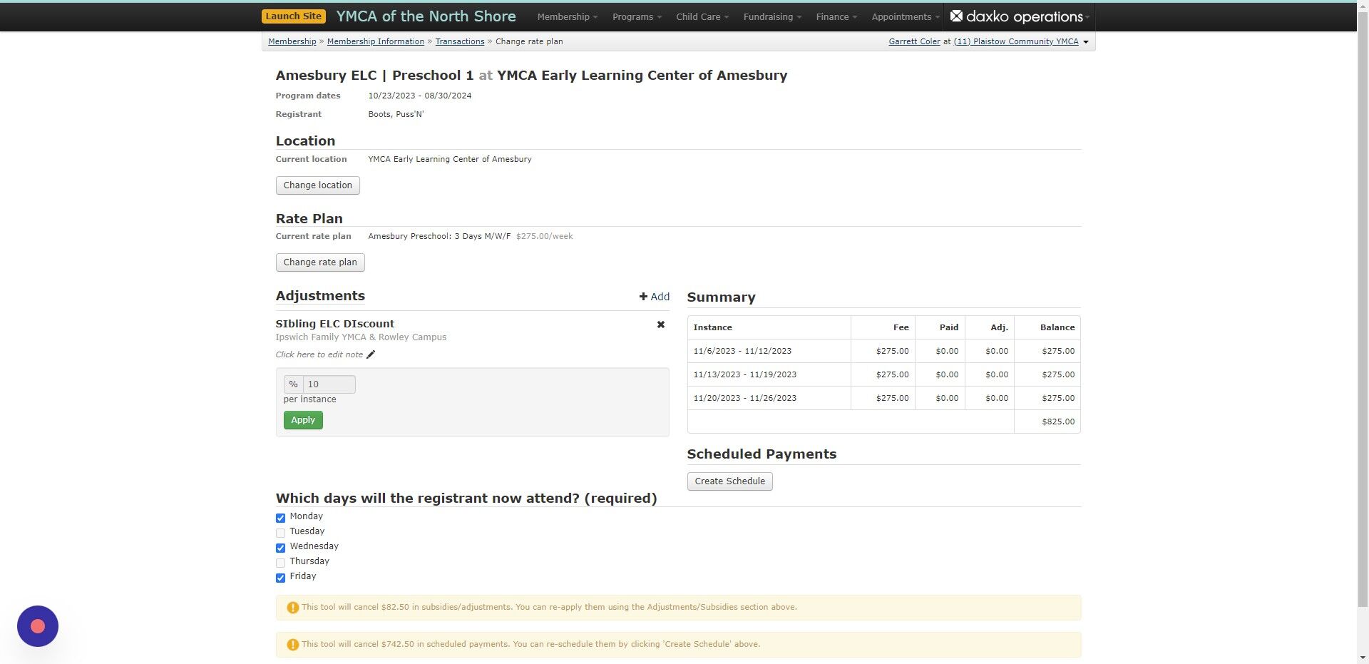 Screenshot of: Ensure they are still applying the sibling discount or any other discounts that are applicable