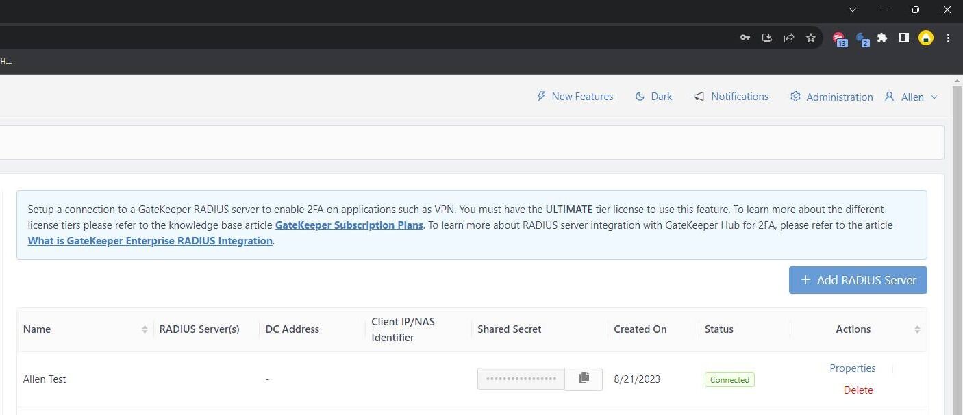 Screenshot of: Click "+ Add RADIUS Server".
