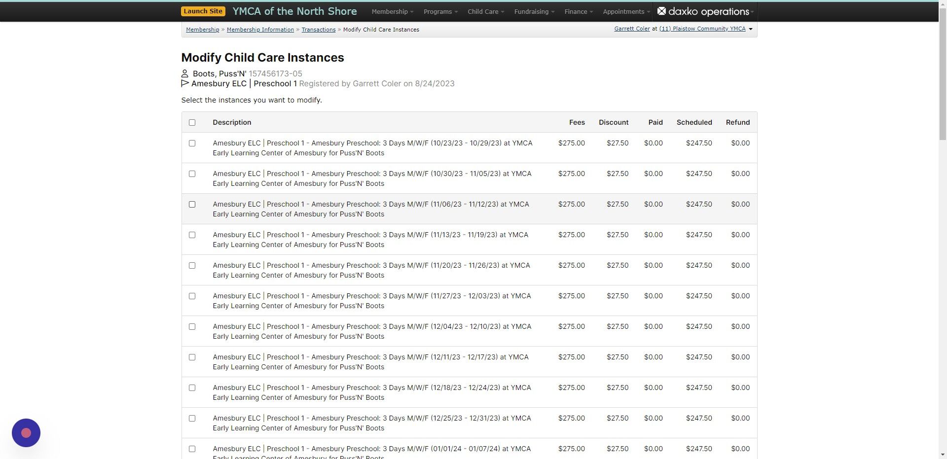 Screenshot of: Select the weeks you are changing 