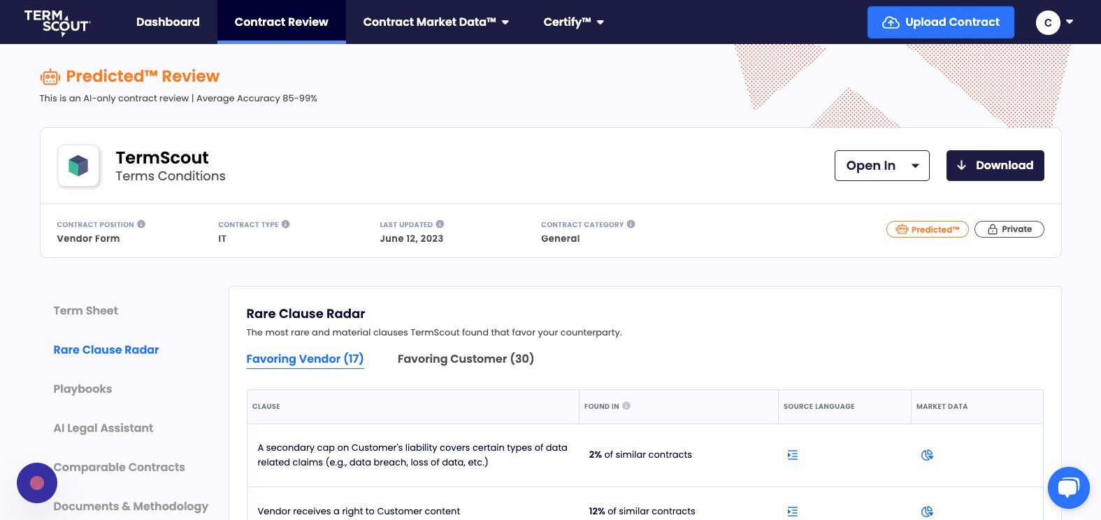 Screenshot of: Click "Favoring Customer" or "Favoring Vendor" to toggle between clauses favoring each party.