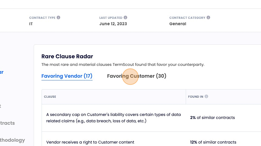Screenshot of: Click "Favoring Customer" or "Favoring Vendor" to toggle between clauses favoring each party.