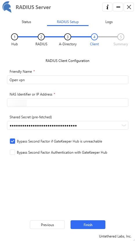 Screenshot of: Type the RADIUS name and IP Address. Click "Finish".