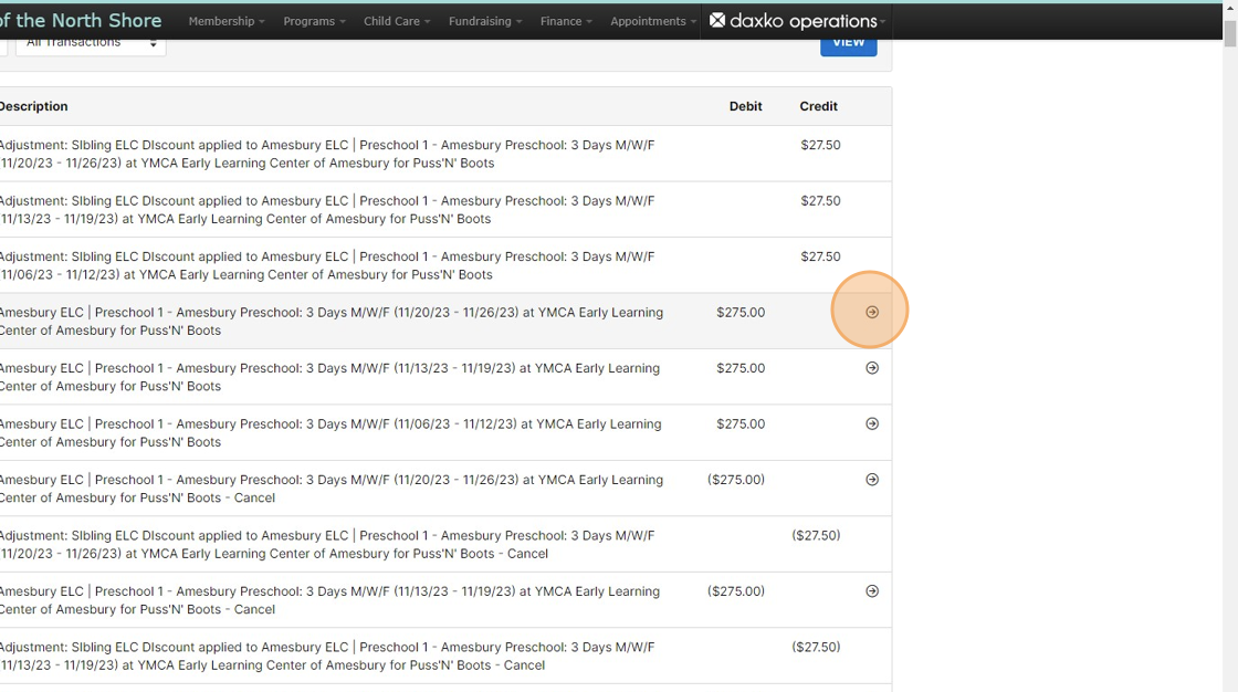 Screenshot of: Click on the Detail bubble of the transaction you are looking for