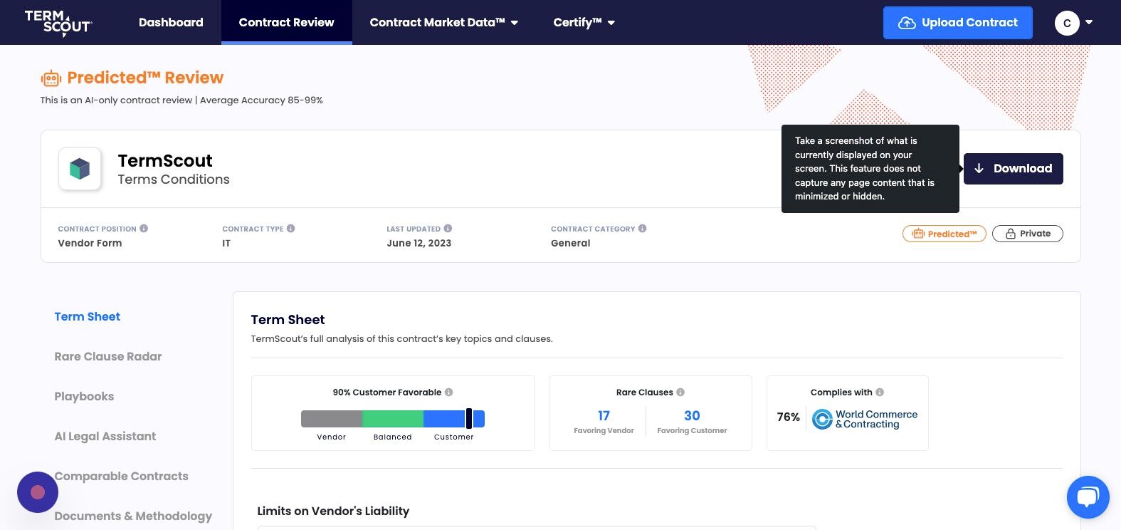 Screenshot of: You can also click "download" to export a PDF of the "Term Sheet" view (or any view within the platform).