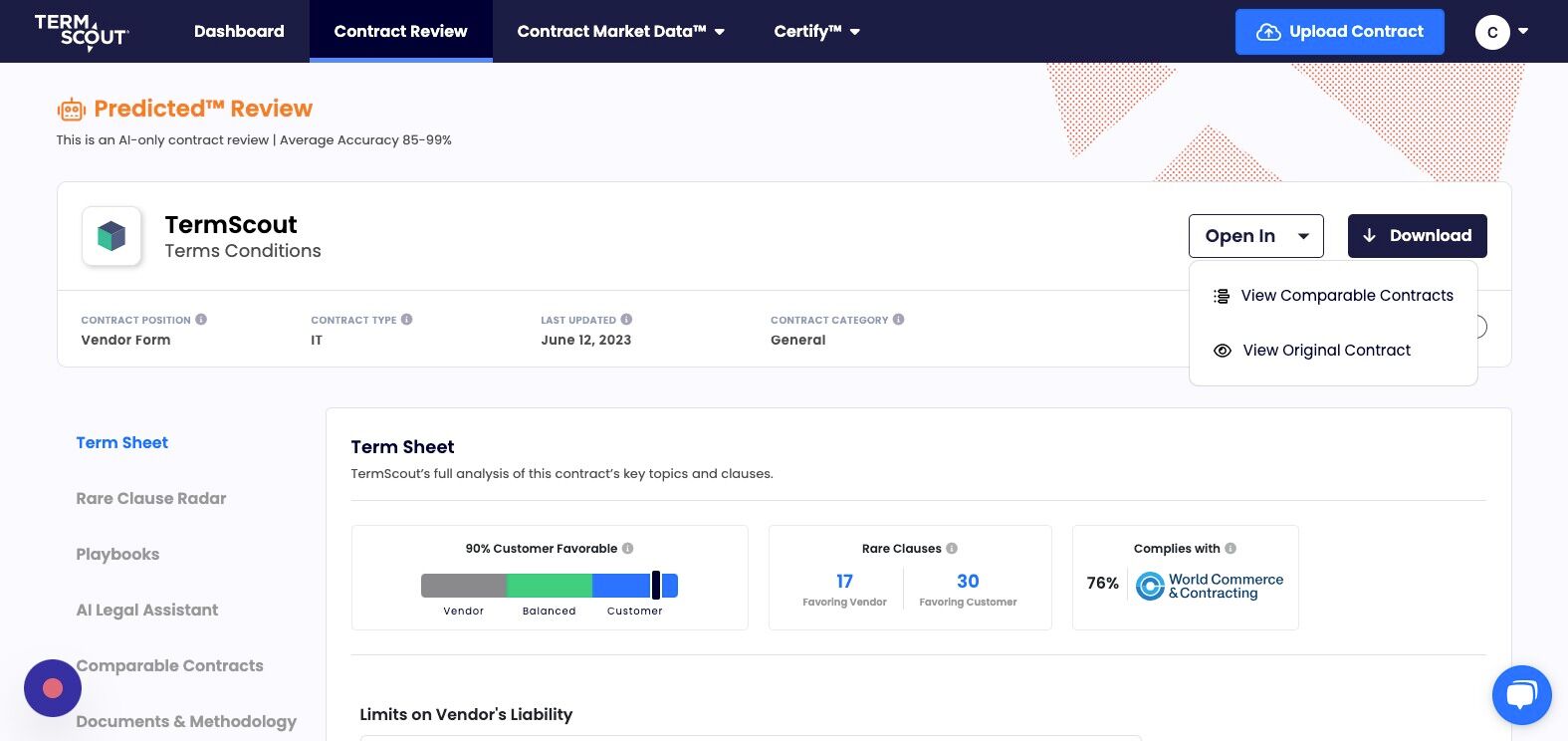 Screenshot of: First, from the "Term Sheet" view you can quickly view comparable contracts and access the original document you uploaded.