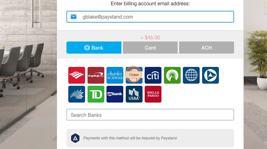 Screenshot of: Select the **Bank to Bank** payment method option.

Choose your **Bank** from the list.