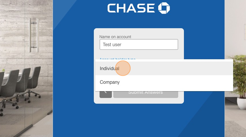 Screenshot of: Select from the drop-down the **Account Holder type**