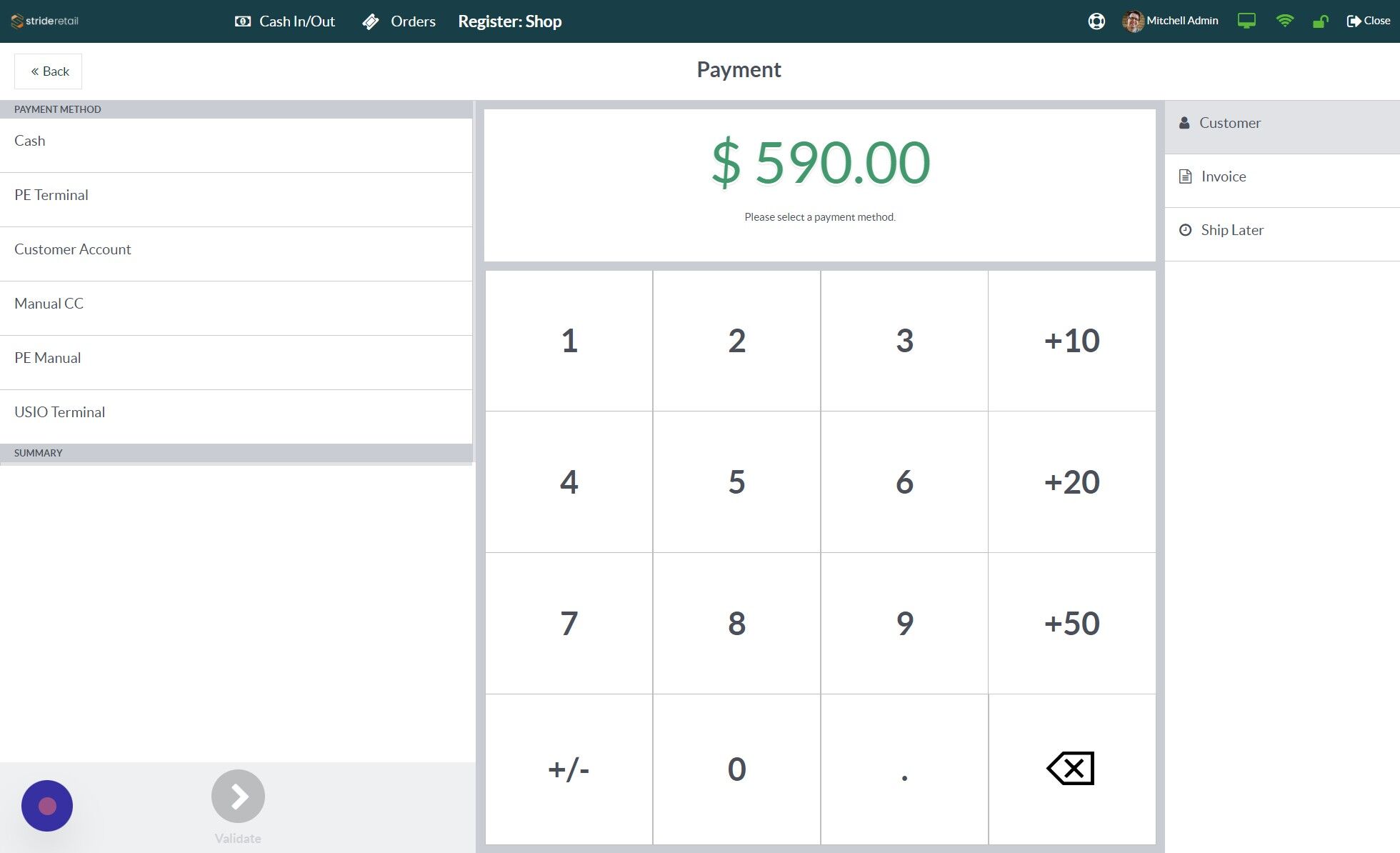 Screenshot of: In order to create an invoice a customer must be selected.  Customer can be selected in this screen here or in the previous cart screen.