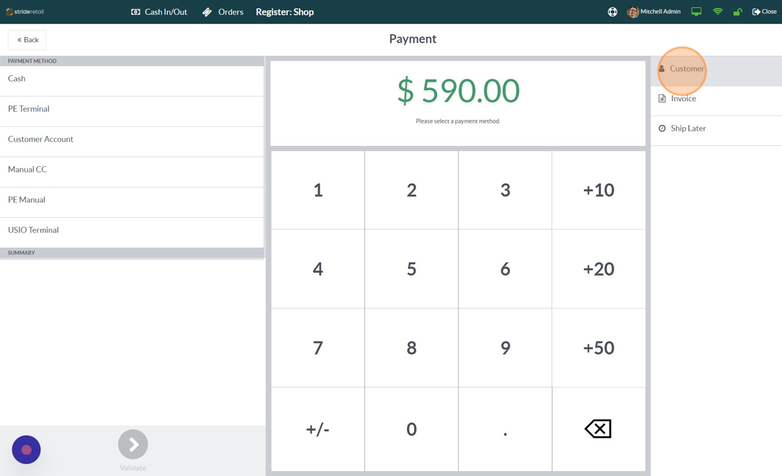 Screenshot of: In order to create an invoice a customer must be selected.  Customer can be selected in this screen here or in the previous cart screen.