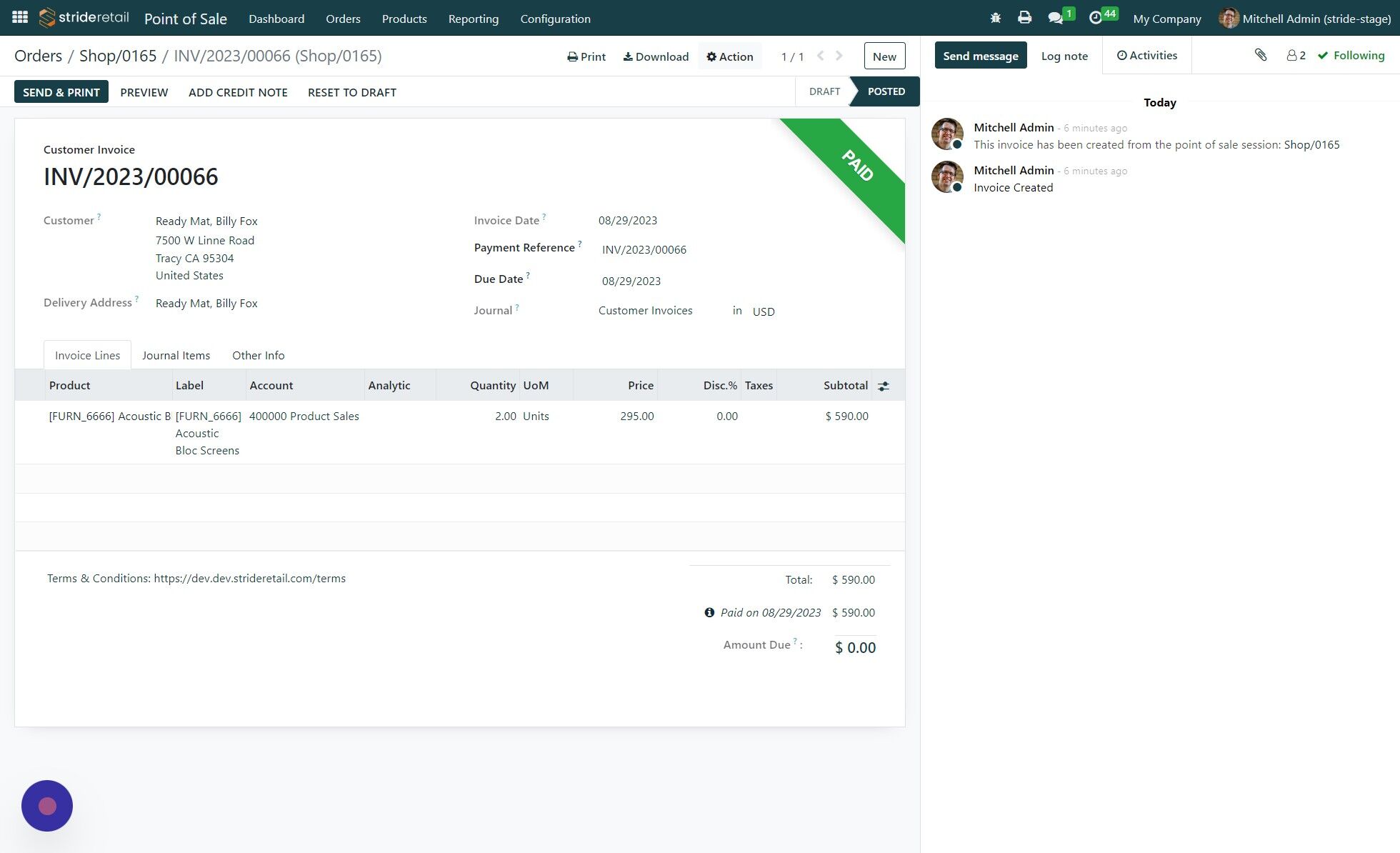 Screenshot of: From here you can download and print the invoice or send it to the customer.