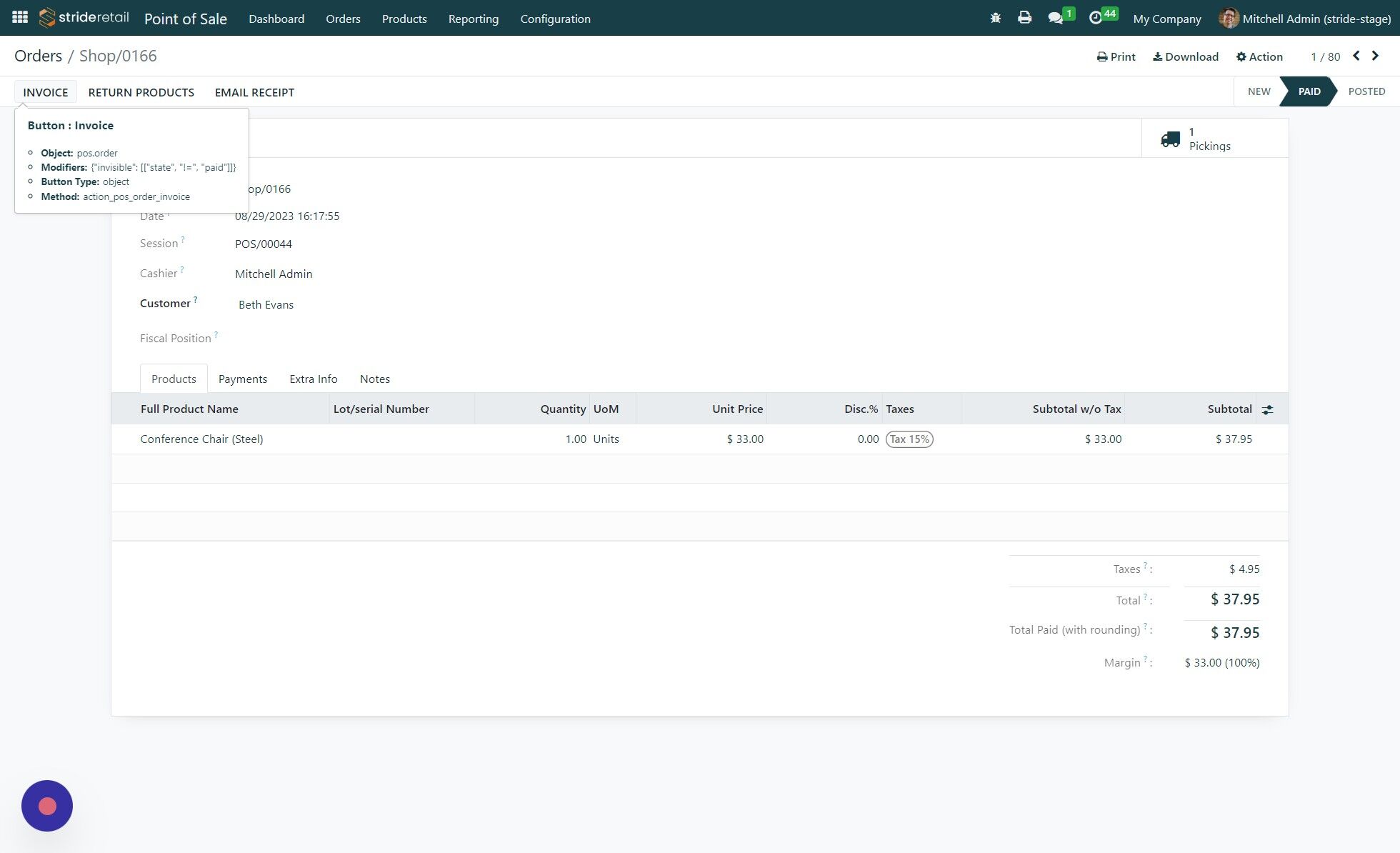 Screenshot of: Click "INVOICE" - this will create an invoice for this order that you can download and print or send to the customer via email.