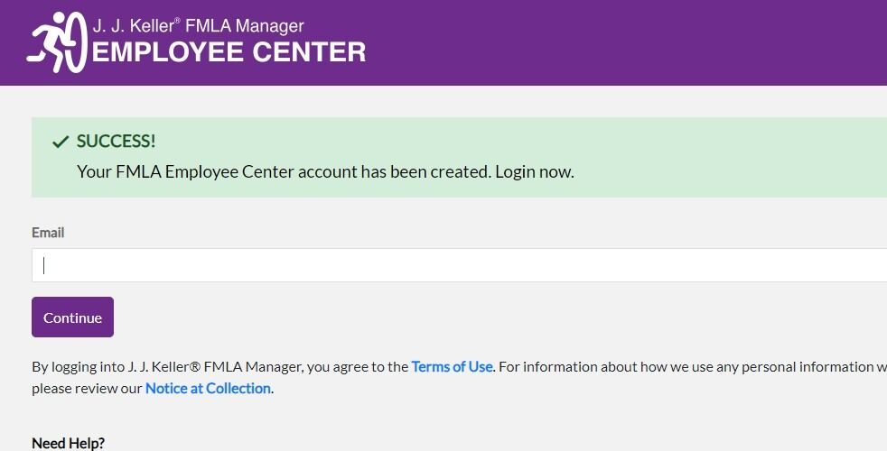 Screenshot of: Login to the JJ Keller FMLA Manager Employee center with your personal email address and password