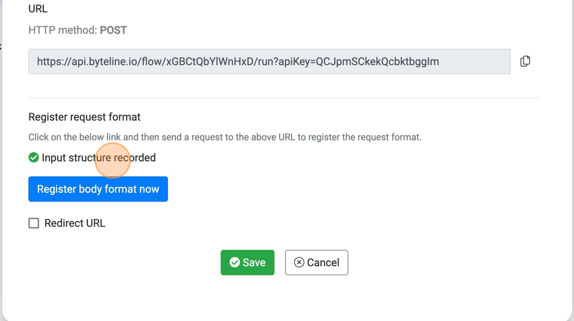 Screenshot of: After the API call, the message will change to "Input structure recorded".