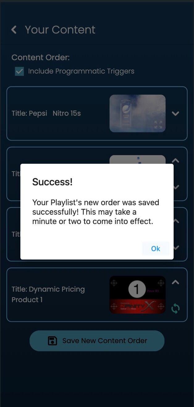 Screenshot of: This message should popup, indicating that the new order of your content list has been saved,