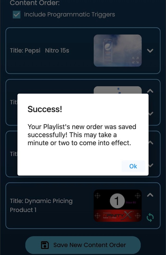 Screenshot of: This message should popup, indicating that the new order of your content list has been saved,