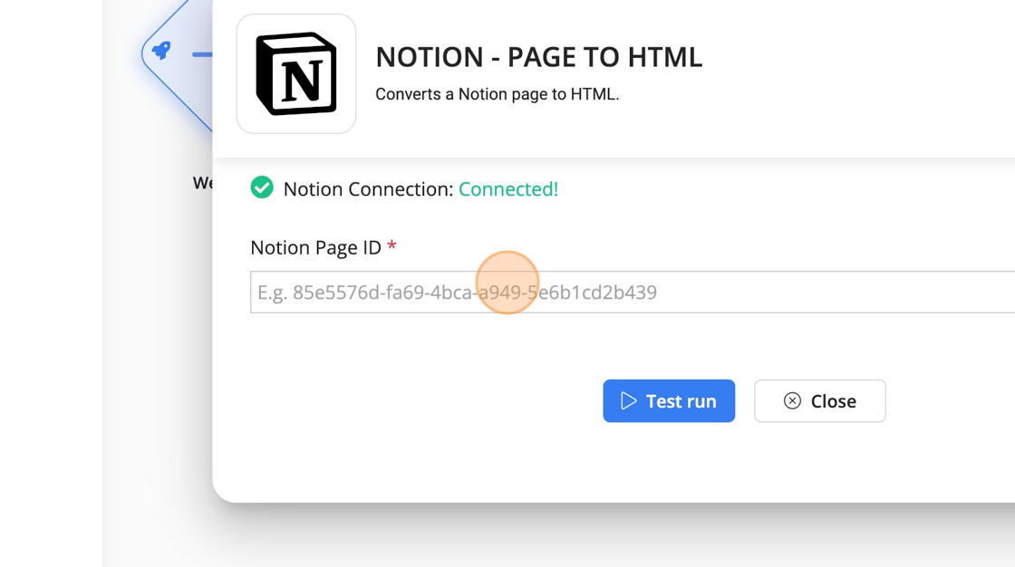 Screenshot of: Click in the "Notion Page ID" textbox to display the variable selector.
