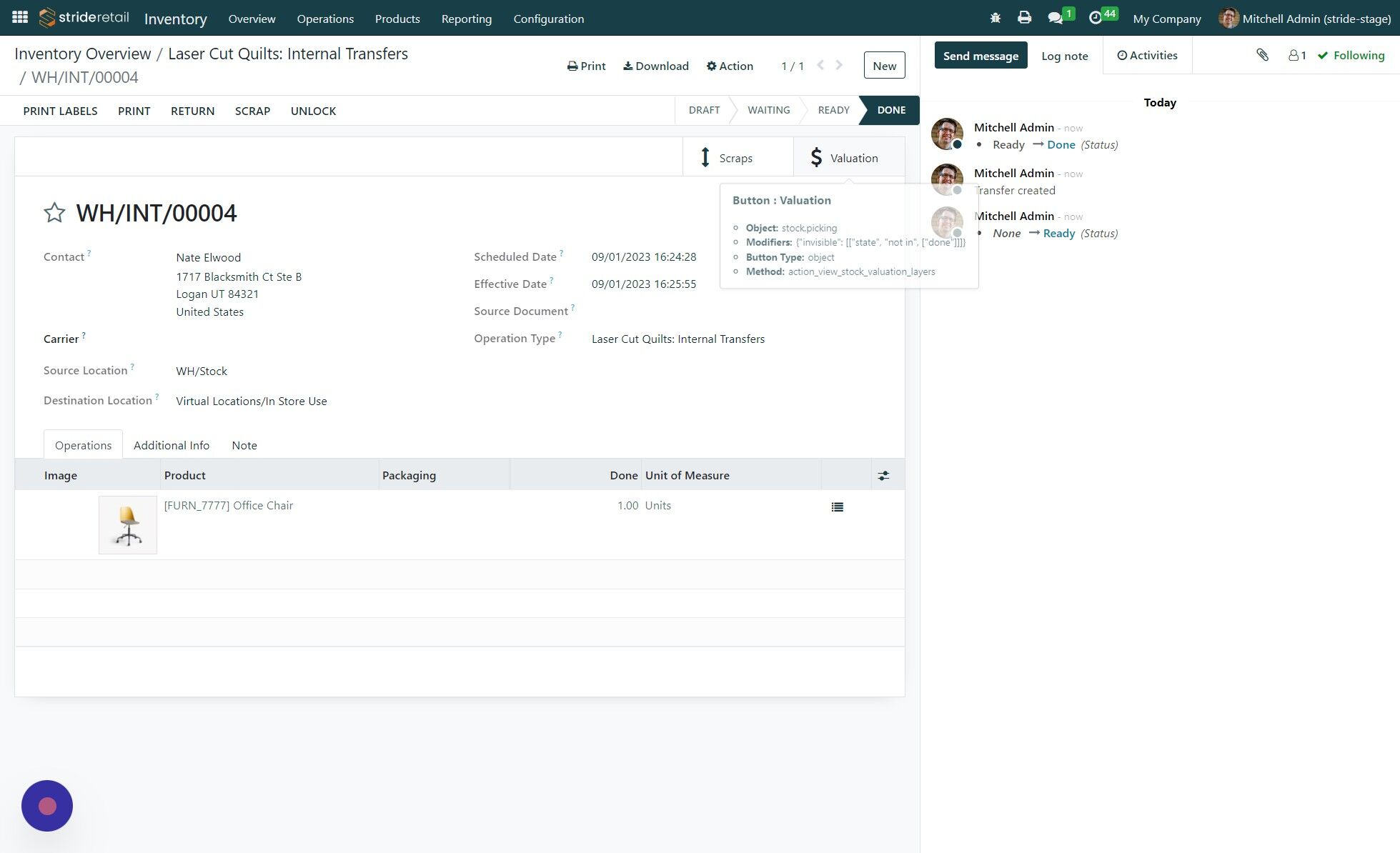 Screenshot of: The following steps are for reference and seeing the effects of the inventory move. Click "Valuation"