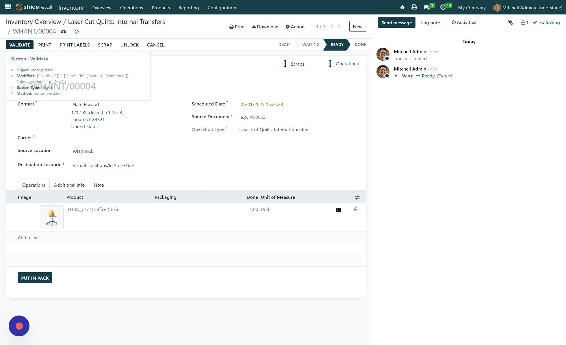 Screenshot of: After entering all the products and the quantity to transfer, Click "VALIDATE"