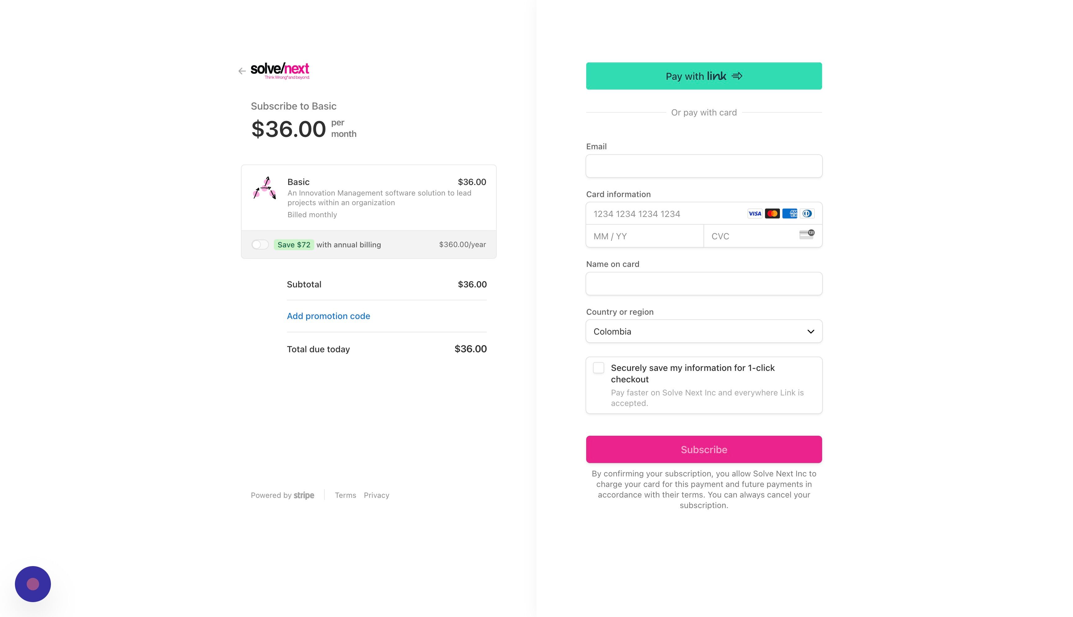Screenshot of: Check the box if you want to save with your annual subscription. Then Fill in your payment data. 