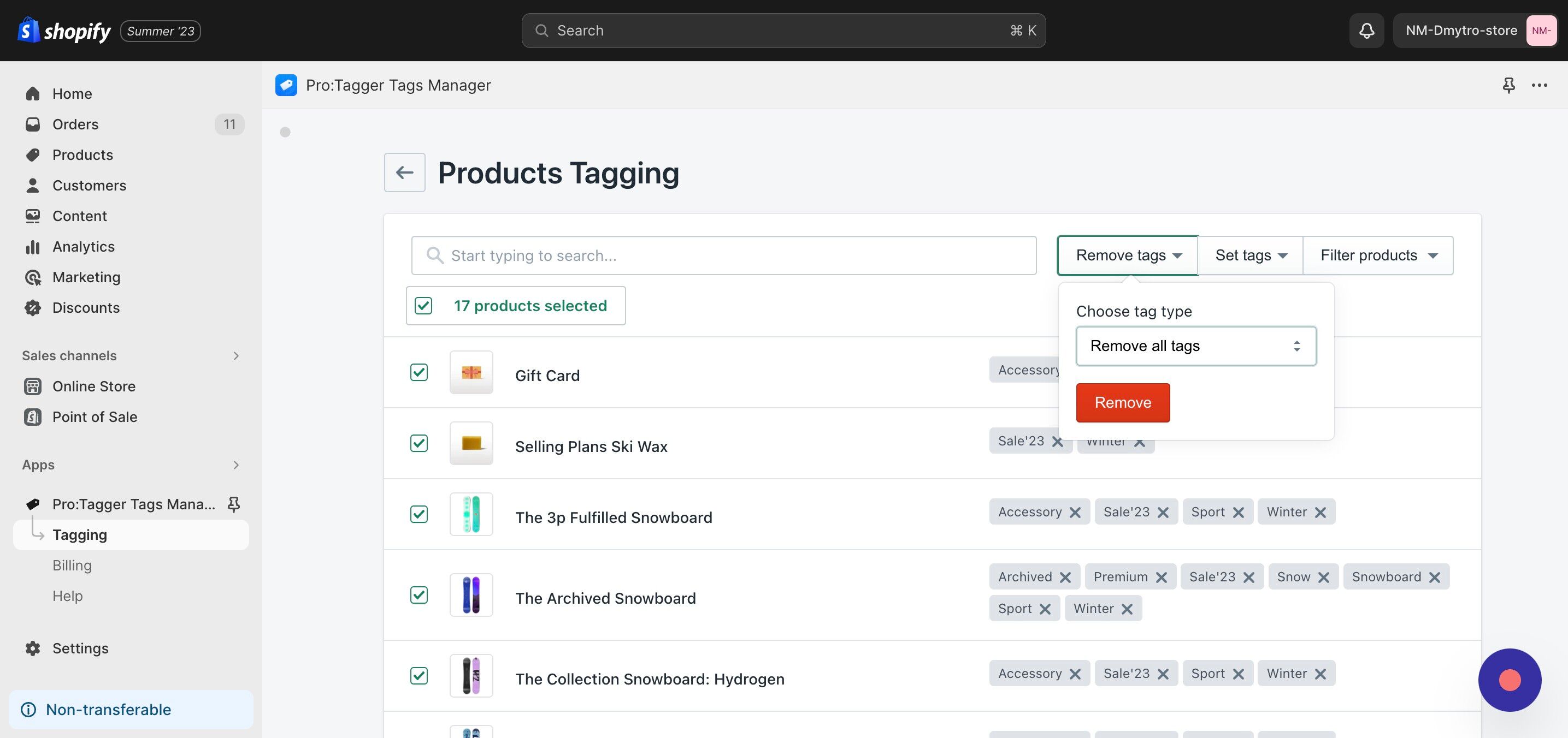 Screenshot of: Click the "Remove tags" button and select if you want tot delete all tags or tag by it's name.