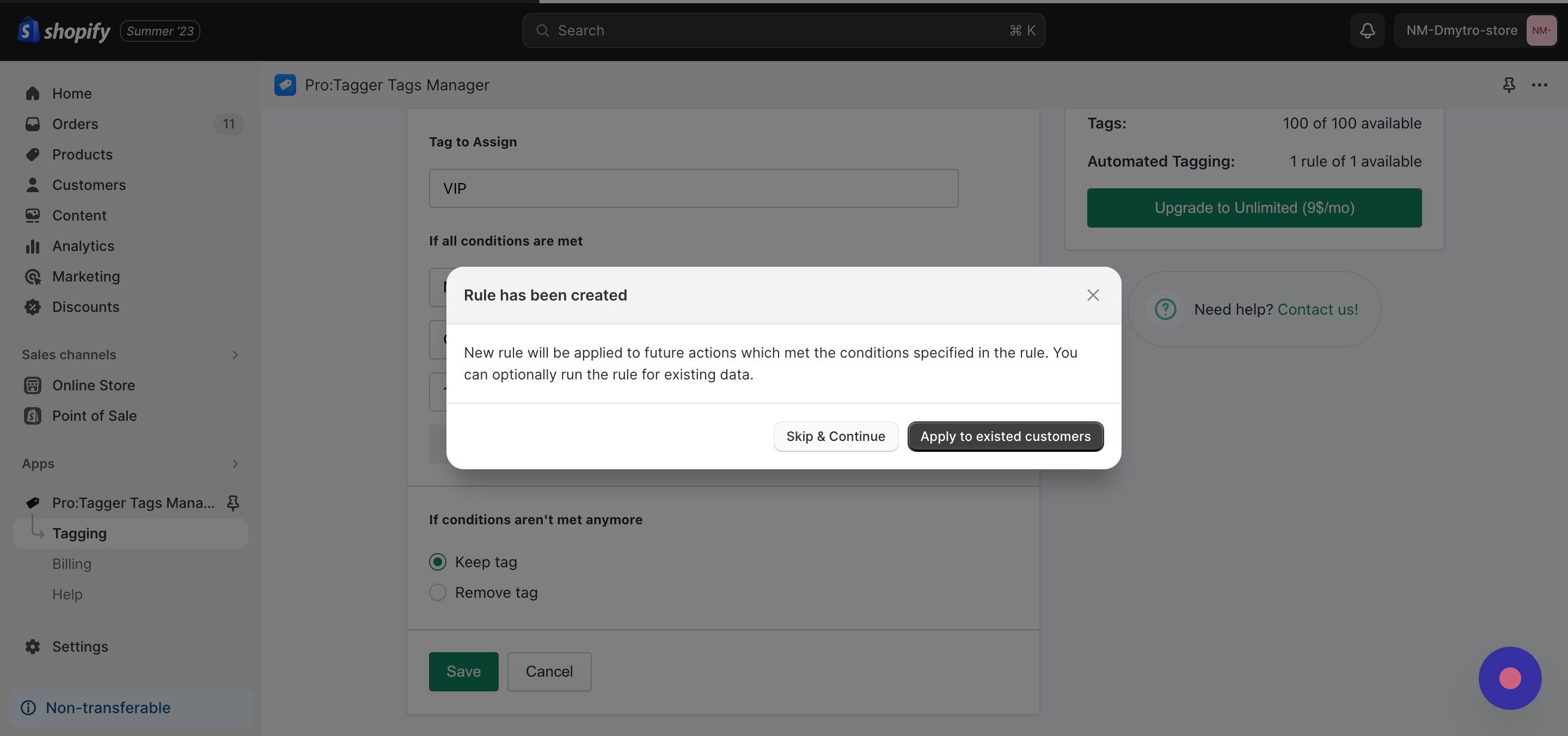 Screenshot of: Click "Skip & Continue" or Apply the new rule to the existing customers.