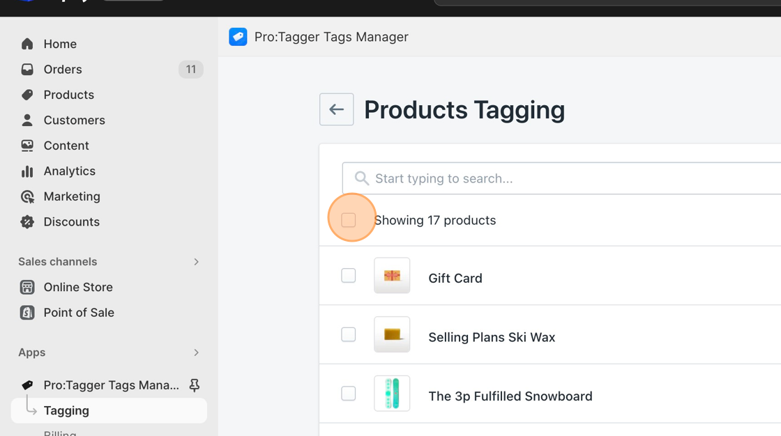 Screenshot of: Select products(s) you want to remove tag(s).