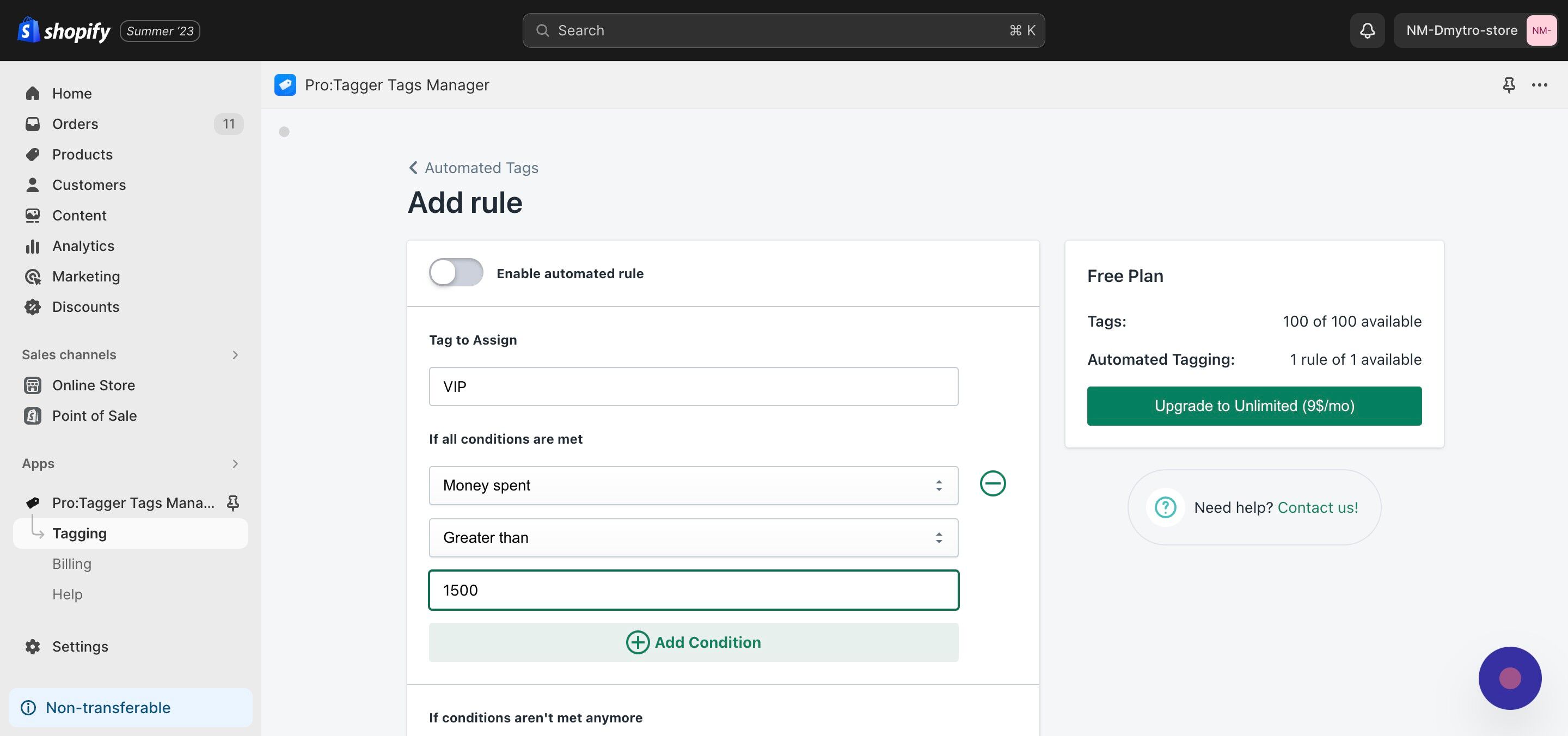 Screenshot of: Fill up all necessary conditions to apply auto-tag