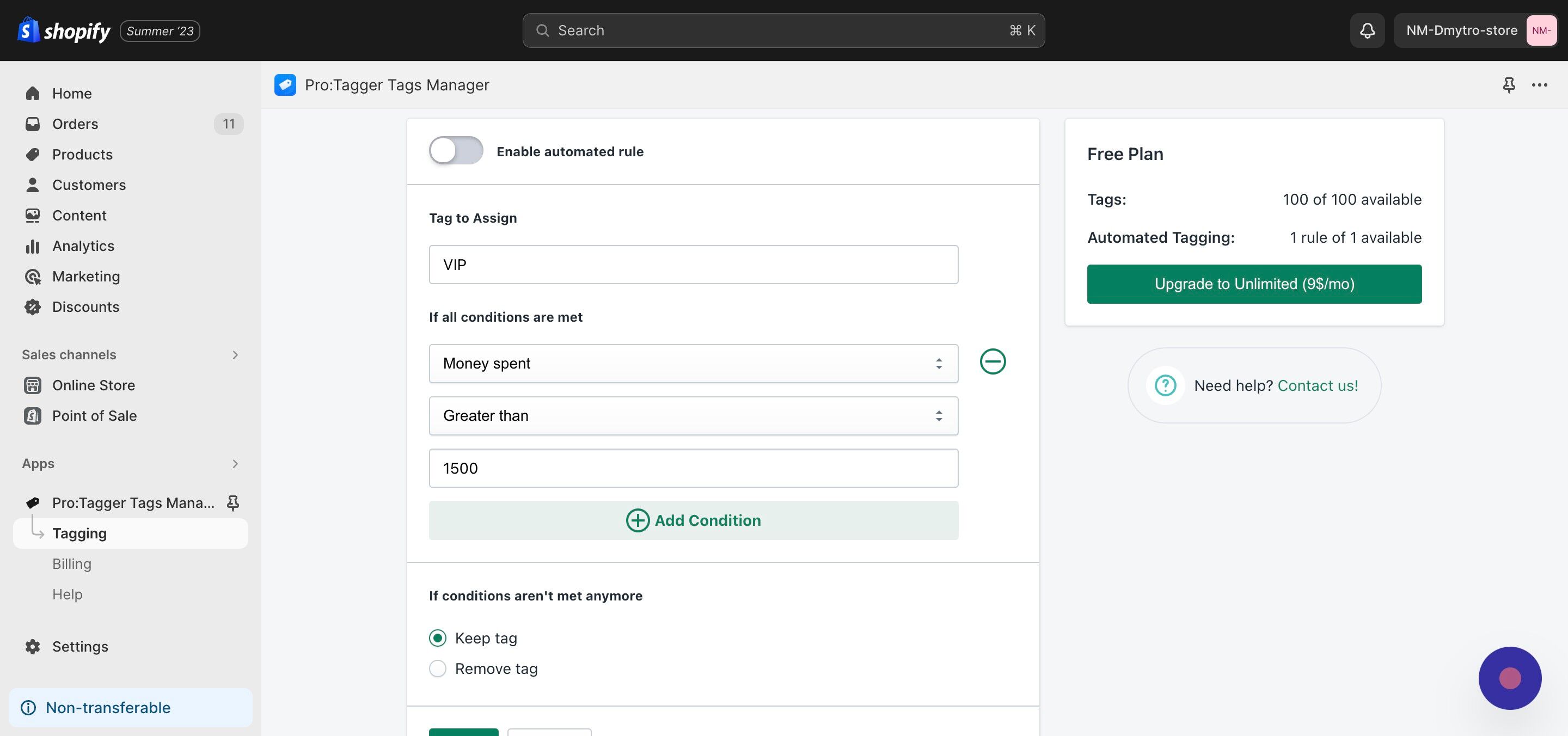 Screenshot of: Enable automated rule