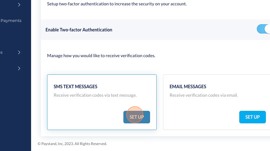 Screenshot of: You can choose to received the 2FA code via SMS or Email.