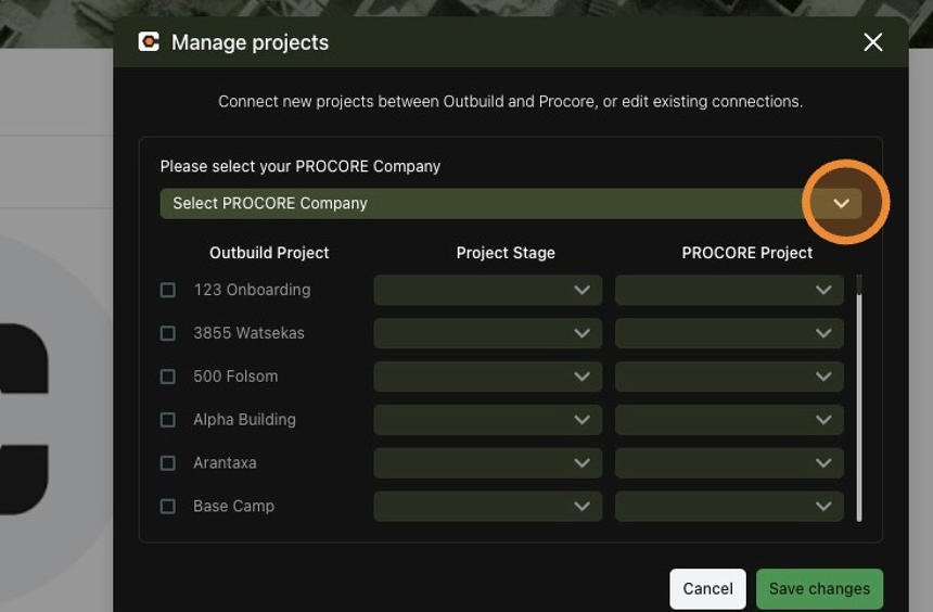 Screenshot of: In the Manage projects modal, select your company in the first drop-down menu.