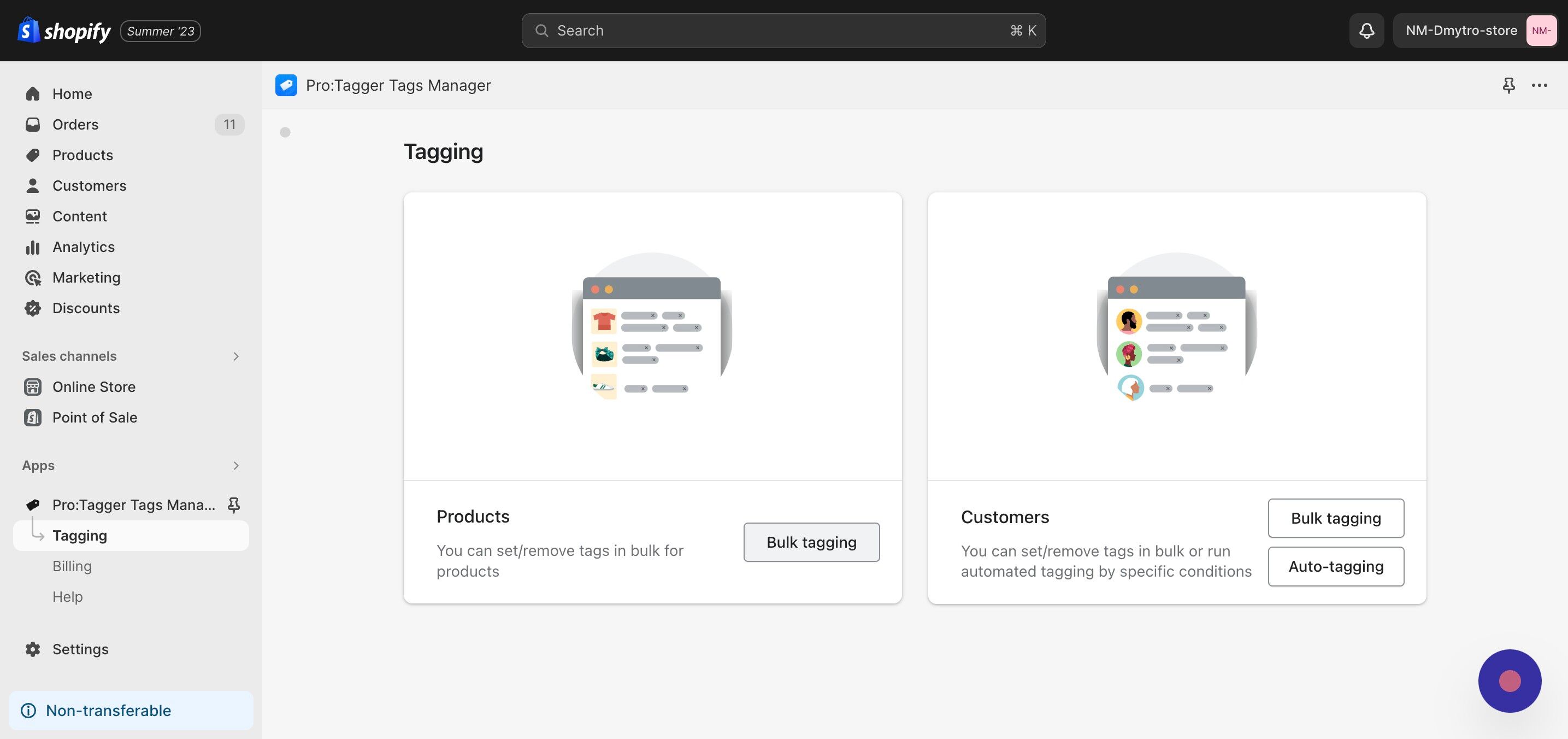 Screenshot of: On the app's dashboard click "Bulk tagging".