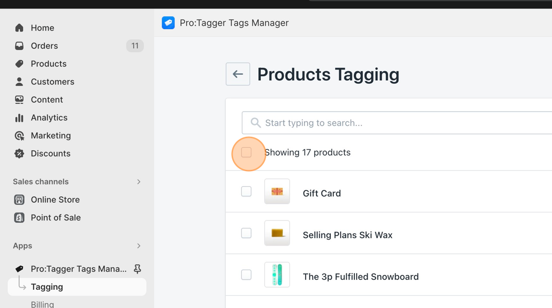Screenshot of: Select products(s) you want to add tag(s).