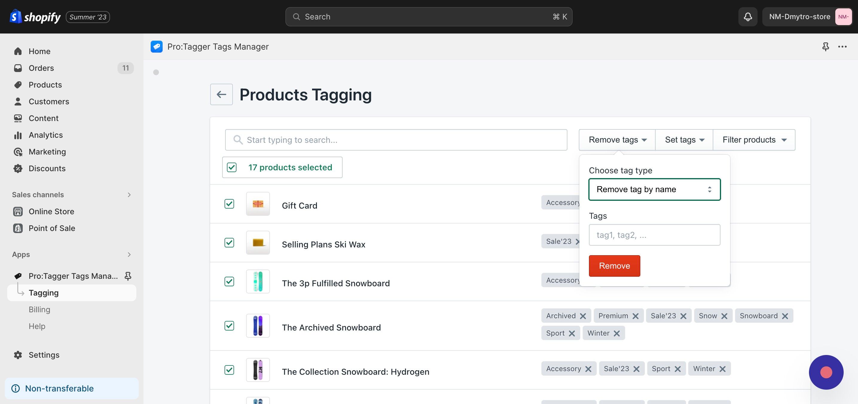 Screenshot of: To remove tag(s) by name, enter tag(s) name in the text field below.