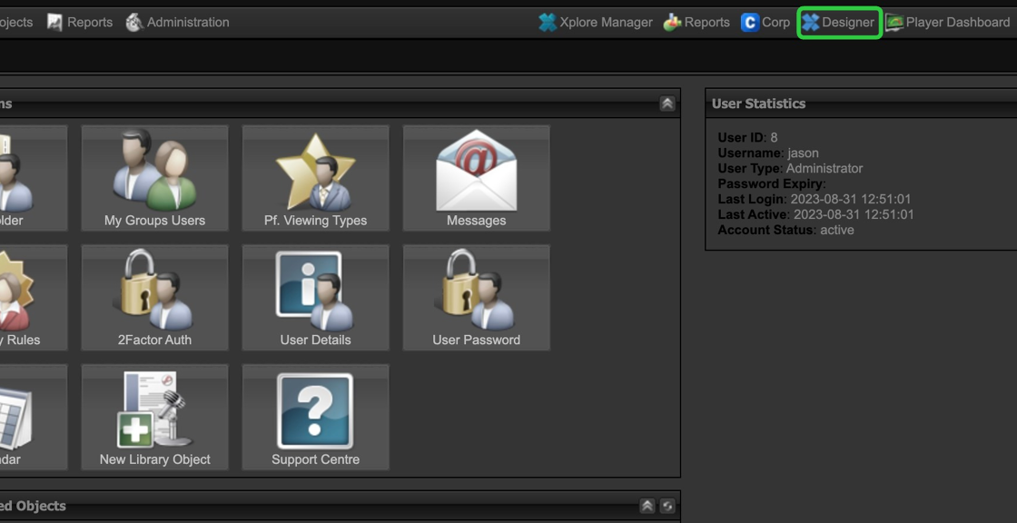 Screenshot of: Navigate to your nfinityX server and click on the Designer icon in the top right of the interface site.
