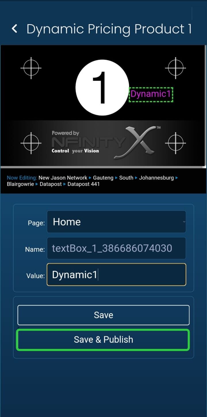 Screenshot of: After your text has been changed, click either 'Save' or 'Save & Publish'.\
\
'Save' will save your changes without publishing them to the screen. This is so that you may publish at a later time.\
'Save & Publish' will save your changes and publish them to the screen in one go.