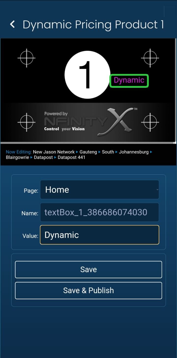 Screenshot of: Click on the piece of dynamic text you wish to edit. This will fill the bottom textbox with the value, which you may then edit. 